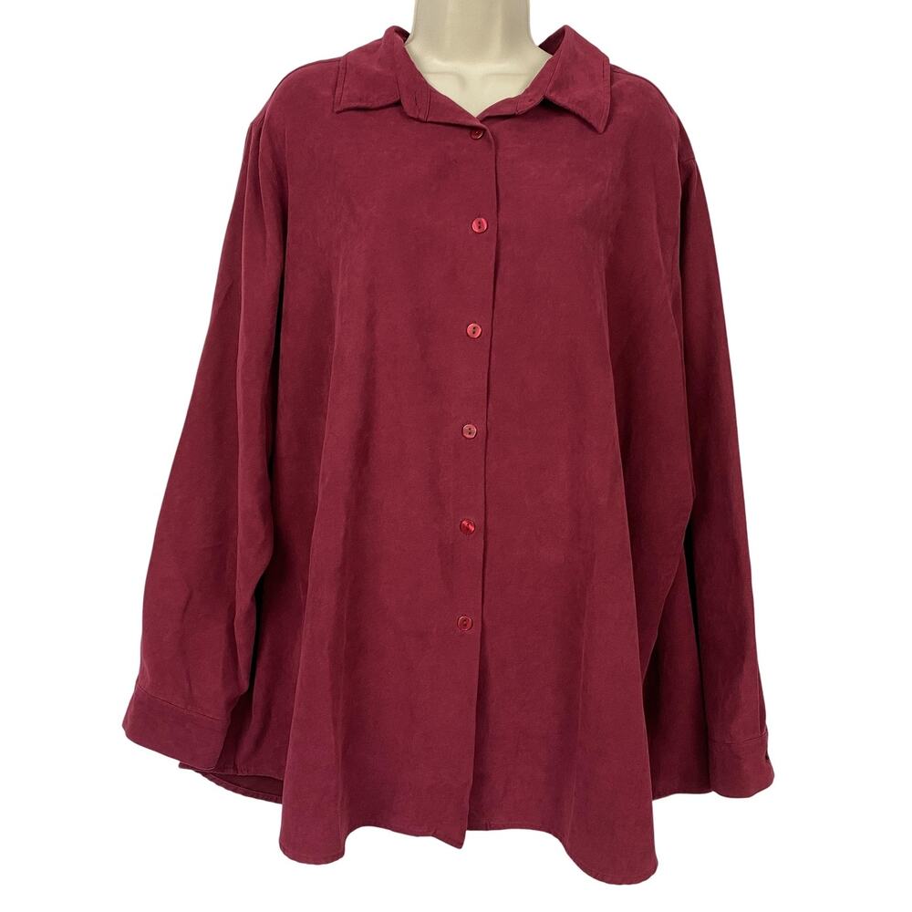 L.L.Bean Top Womens 3X Red Microsuede Button Front Long Sleeve Minimalist Preppy